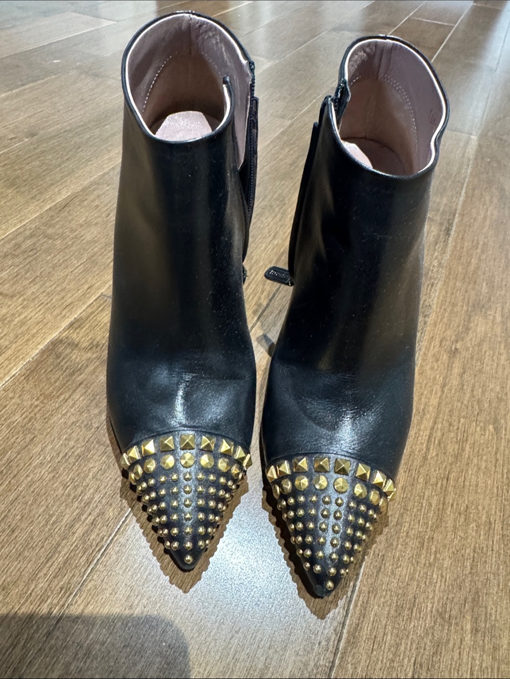 Gucci Black Leather Pointed Ankle Boots with Gold Studs